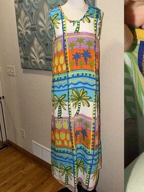 Vintage SPA Tropical Maxi Dress Rayon Palm Tree Beaded Sequin Resort Boho Medium